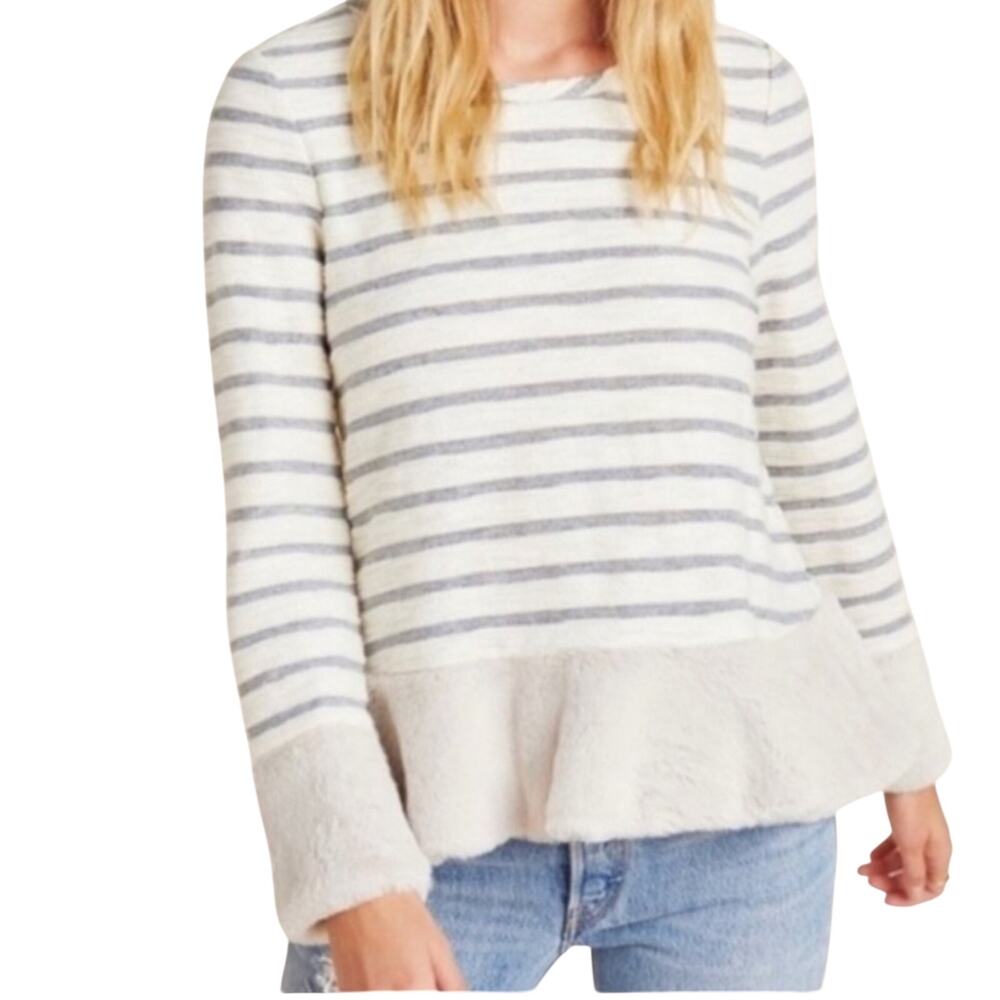 Anthropologie Maeve Astor Fur-Trimmed Gray/White Striped Pullover Sweater NWOT